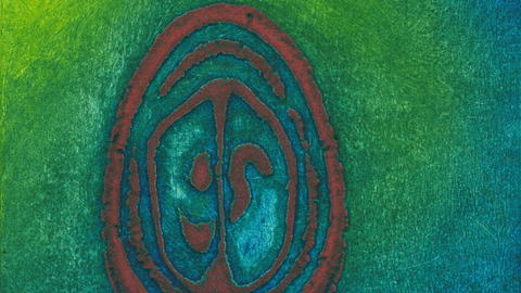 Abstract painting with a weathered red oval enclosing mirrored teal forms, set against a textured green and blue background; mysterious, meditative mood.