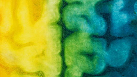 Abstract watercolor texture blending yellow, lime green, and deep turquoise-blue organic forms, creating a fluid, layered, dreamlike mood.