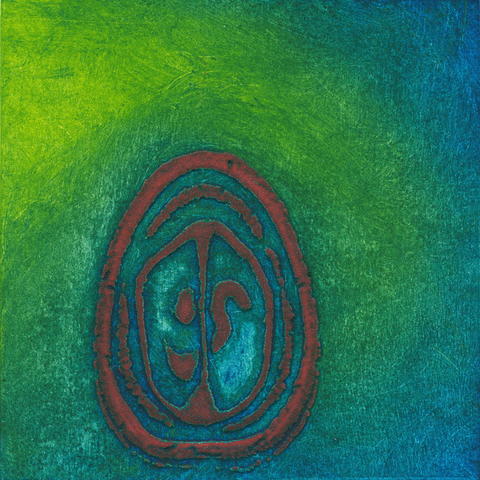 Abstract painting with a weathered red oval enclosing mirrored teal forms, set against a textured green and blue background; mysterious, meditative mood.