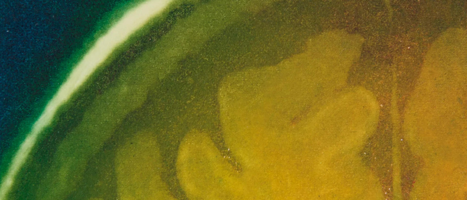 Abstract close-up of green and golden-yellow organic forms beneath a pale curved arc, creating a dreamy, mysterious, softly textured mood.