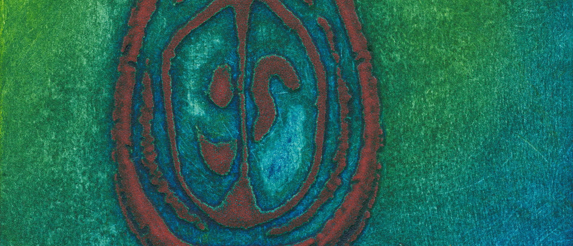 Abstract painting with a weathered red oval enclosing mirrored teal forms, set against a textured green and blue background; mysterious, meditative mood.
