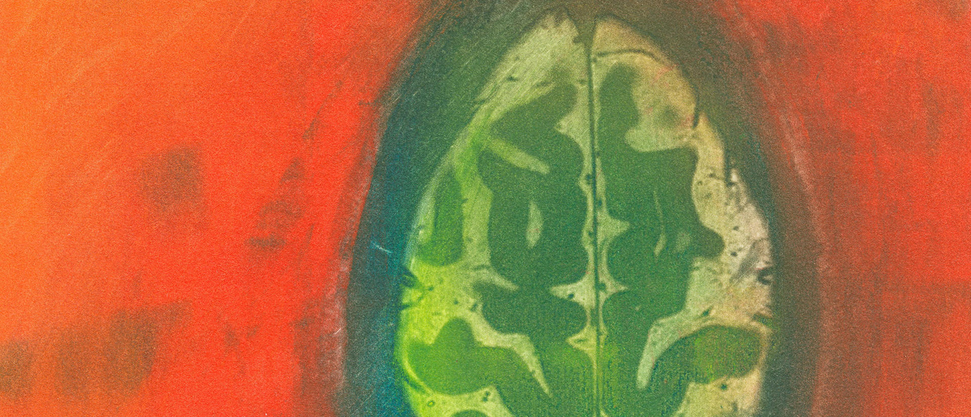 Abstract artwork showing a green brain-like organic form centered against a fiery red-orange background, creating an intense, surreal mood.