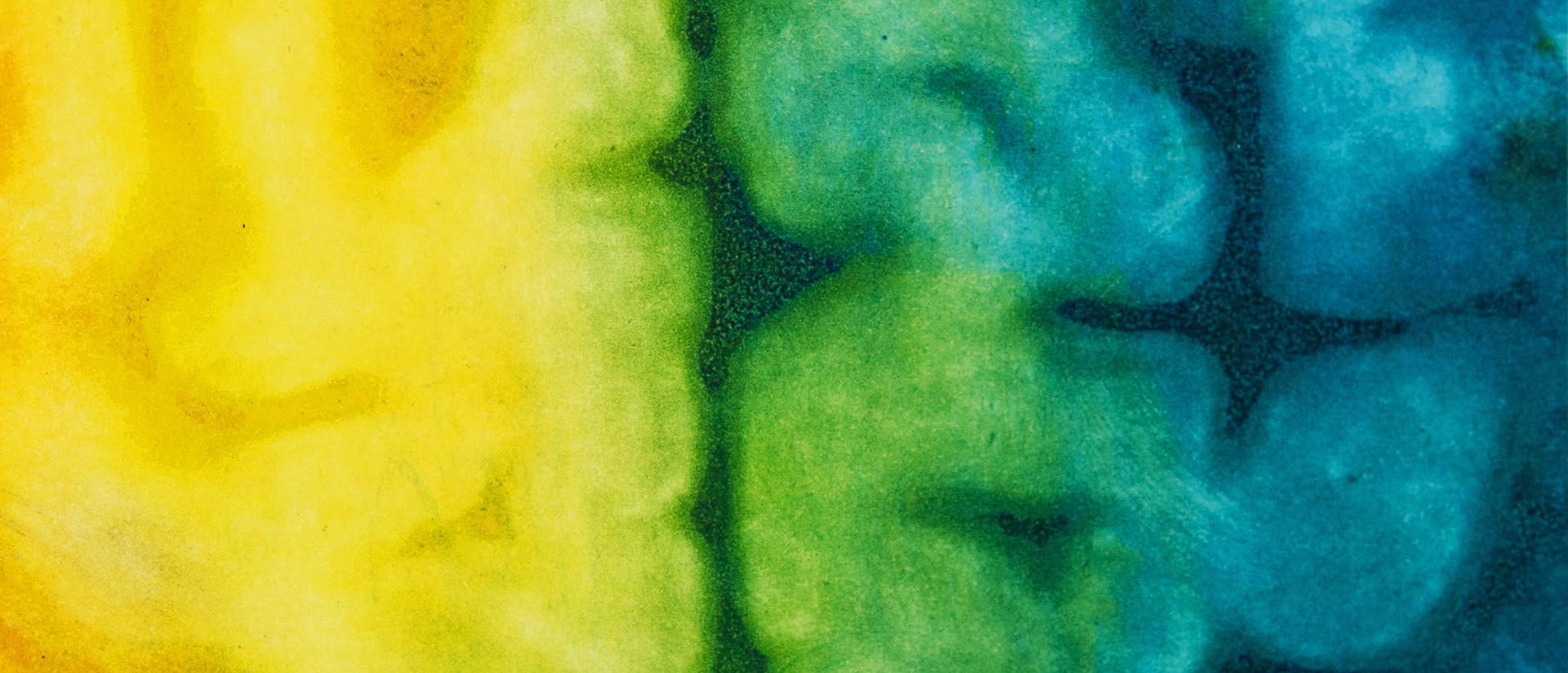 Abstract watercolor texture blending yellow, lime green, and deep turquoise-blue organic forms, creating a fluid, layered, dreamlike mood.