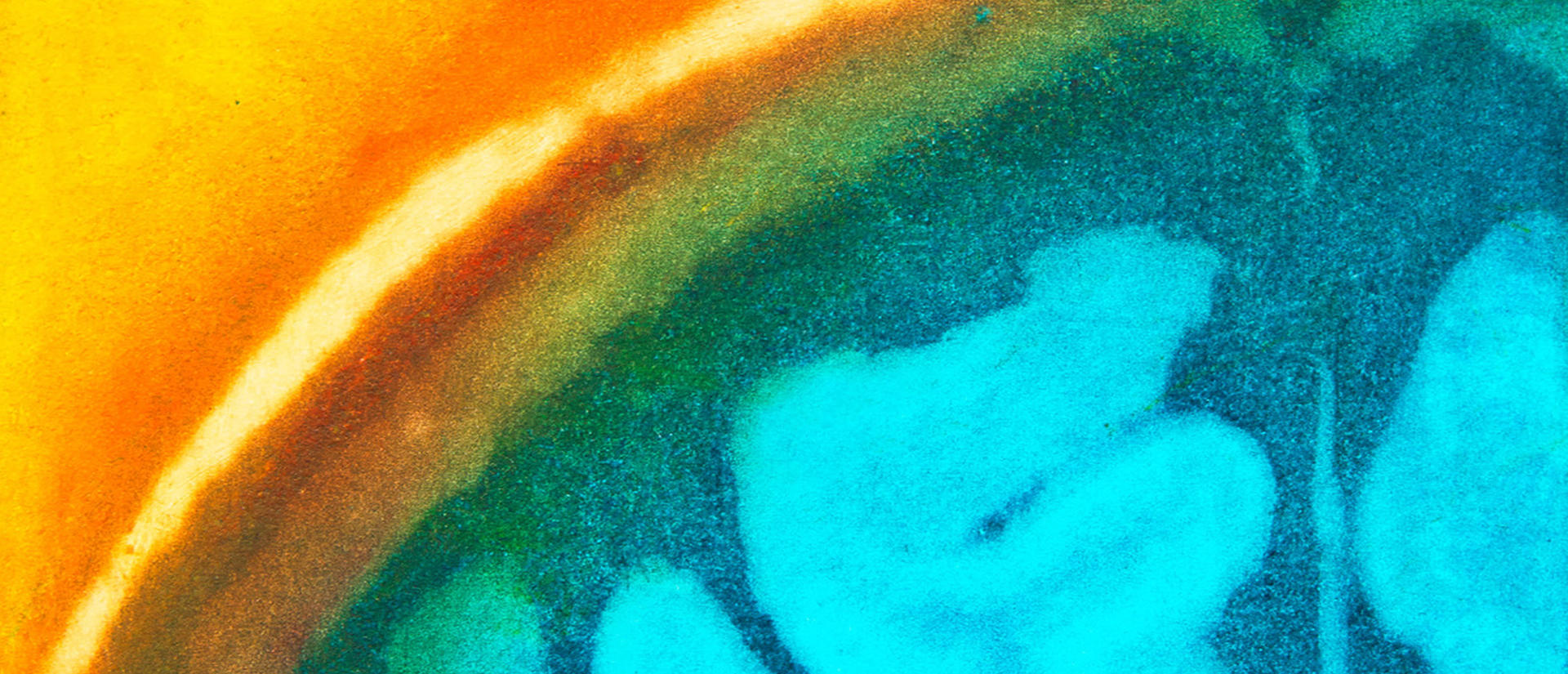 Abstract painting with vivid turquoise and teal forms beneath a sweeping orange, yellow, and red arc, creating a bold, energetic, dreamlike mood.