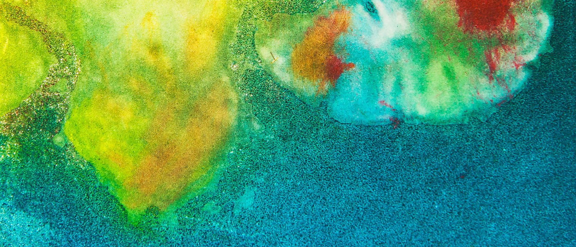 Abstract watercolor painting with butterfly-like red, orange, and turquoise forms floating amid vivid yellow, green, and blue washes; dreamlike tone.