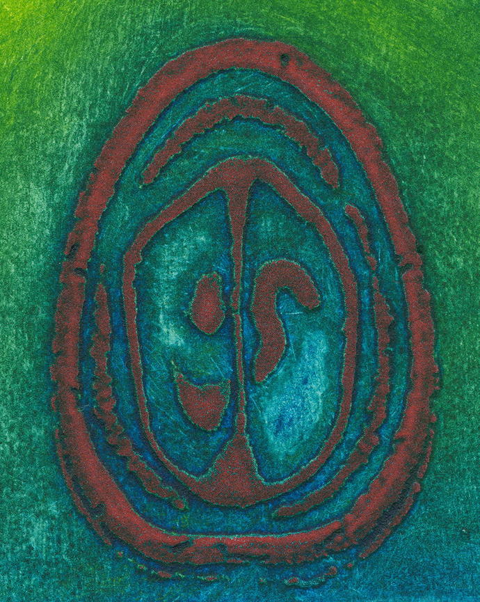 Abstract painting with a weathered red oval enclosing mirrored teal forms, set against a textured green and blue background; mysterious, meditative mood.